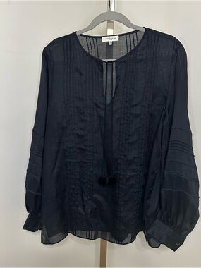 Lafayette 148 New York Black Sheer Pintuck Tie-Neck Blouse with Tassels